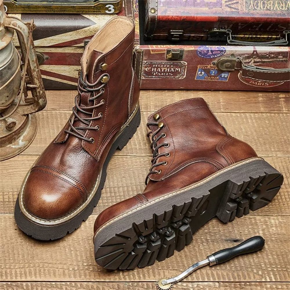 Bottines Élégantes À Lacets Cuir Vache Pour Hommes Bicolores - Café