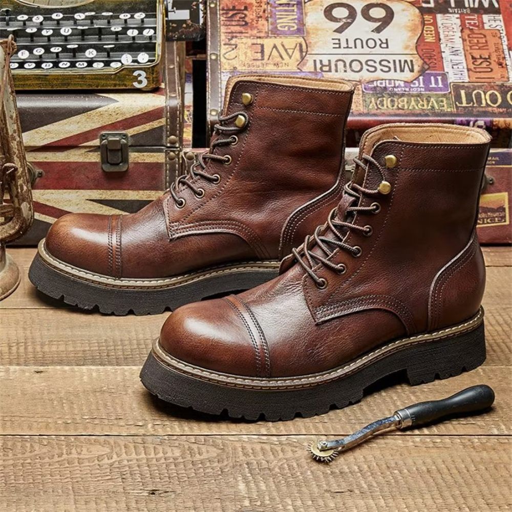 Bottines Élégantes À Lacets Cuir Vache Pour Hommes Bicolores - Café