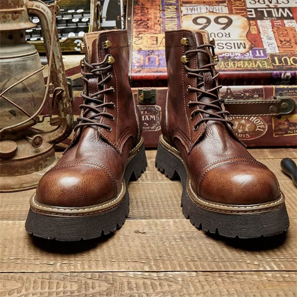 Bottines Élégantes À Lacets Cuir Vache Pour Hommes Bicolores - Café