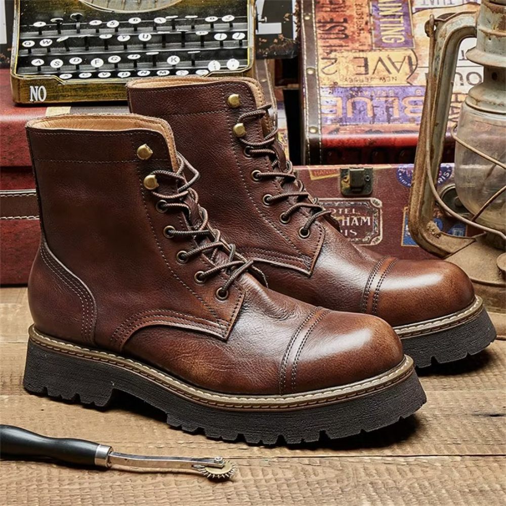 Bottines Élégantes À Lacets Cuir Vache Pour Hommes Bicolores - Café