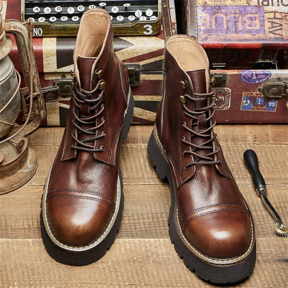 Bottines Élégantes À Lacets Cuir Vache Pour Hommes Bicolores - Café