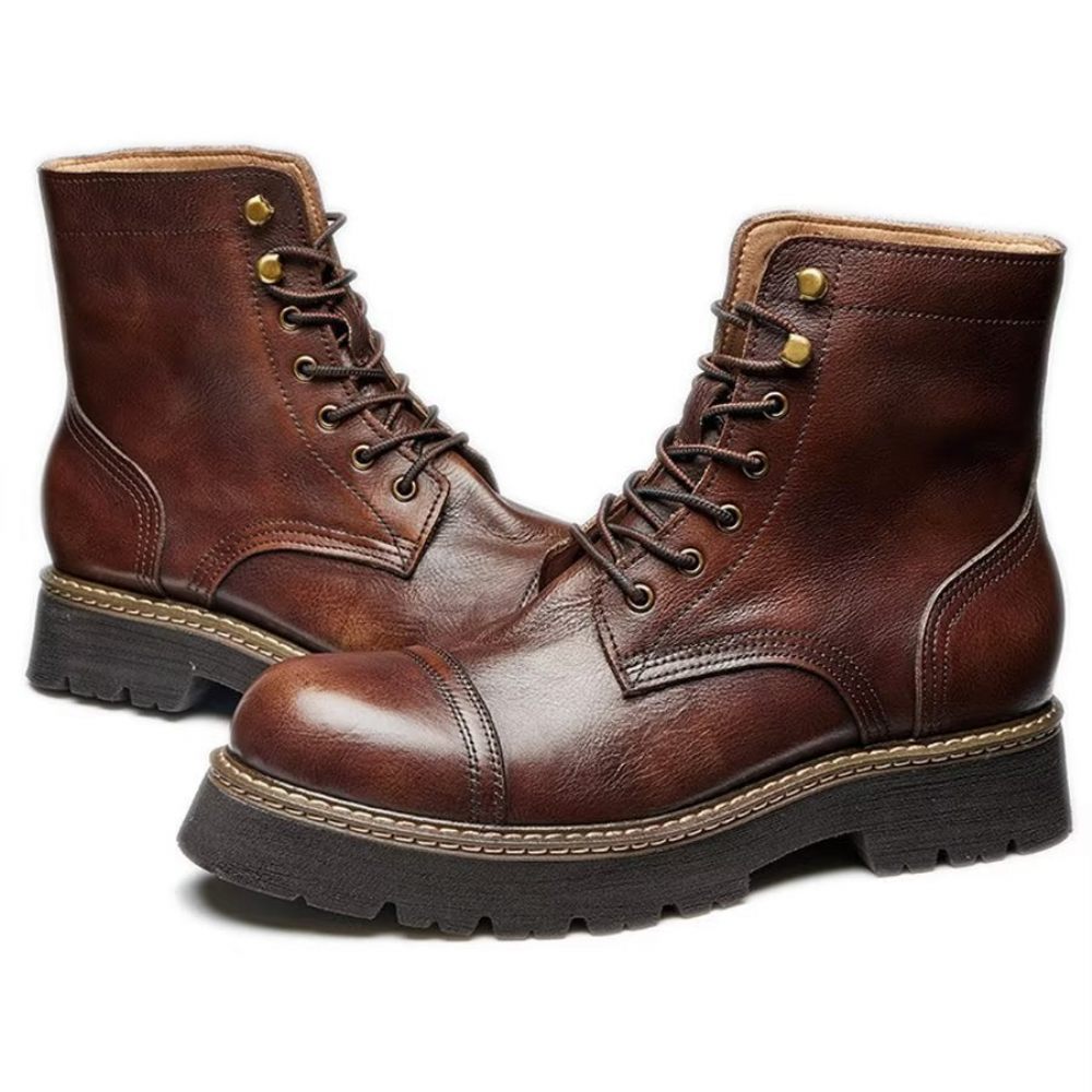 Bottines Élégantes À Lacets Cuir Vache Pour Hommes Bicolores - Café