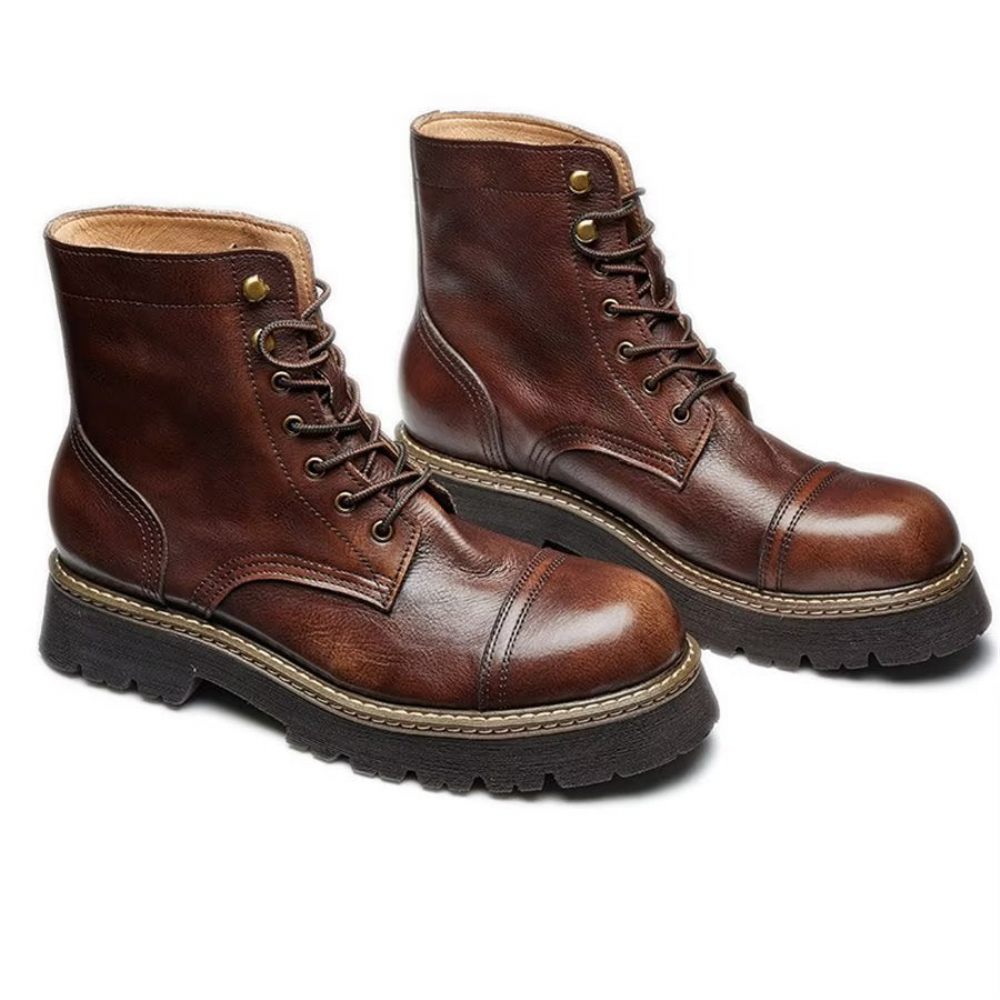 Bottines Élégantes À Lacets Cuir Vache Pour Hommes Bicolores - Café