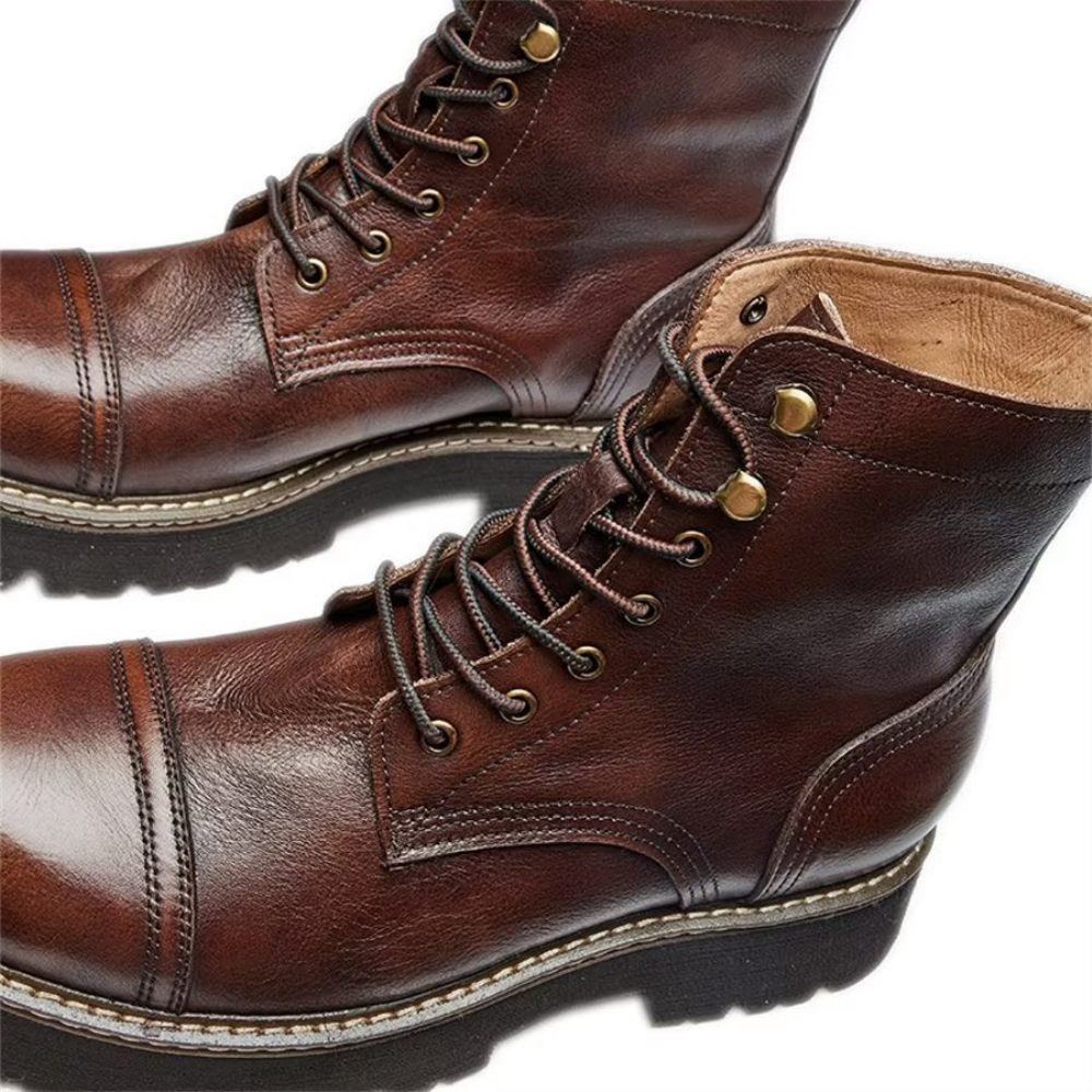 Bottines Élégantes À Lacets Cuir Vache Pour Hommes Bicolores - Café