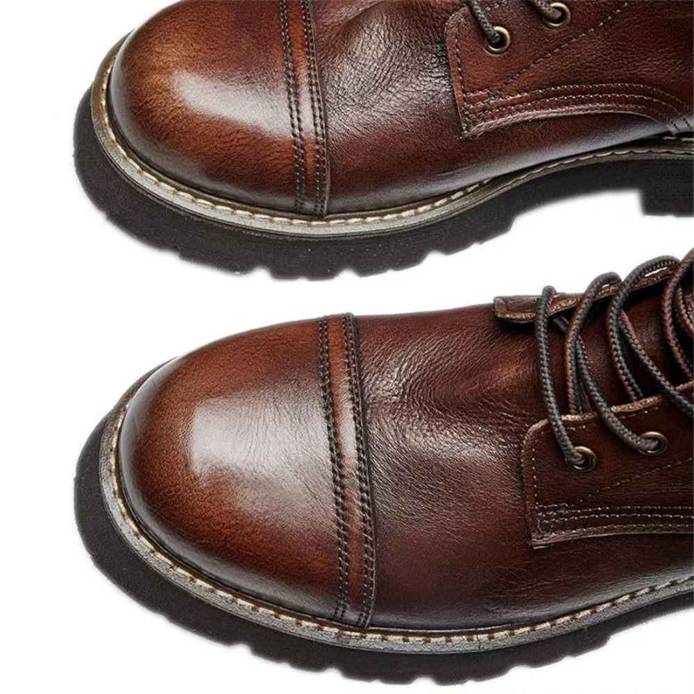 Bottines Élégantes À Lacets Cuir Vache Pour Hommes Bicolores - Café