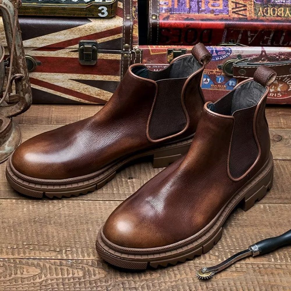 Bottines À Enfiler Cuir Vache Pour Hommes - Café