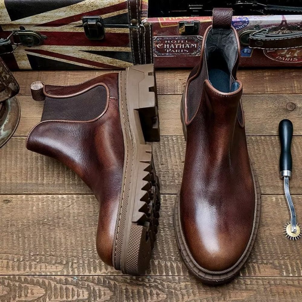 Bottines À Enfiler Cuir Vache Pour Hommes - Café