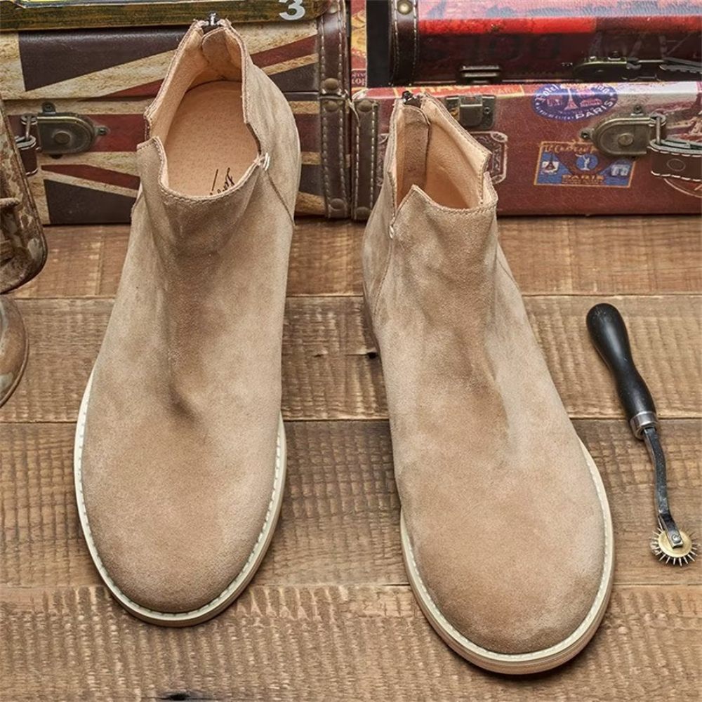 Bottines À Enfiler Élégantes Cuir Vache Pour Hommes - Kaki