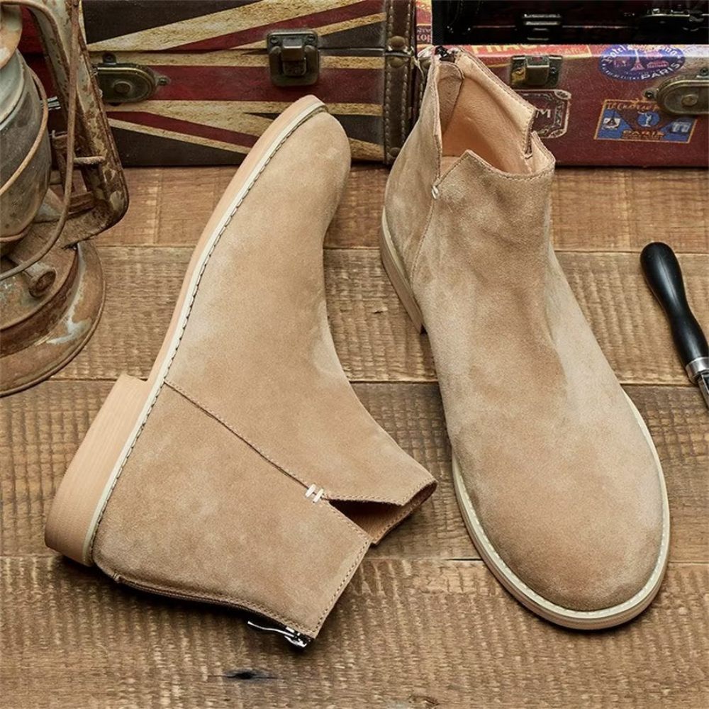 Bottines À Enfiler Élégantes Cuir Vache Pour Hommes - Kaki