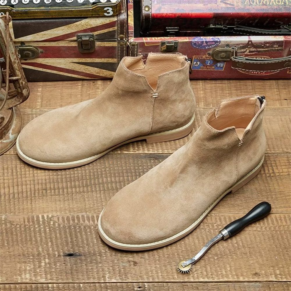 Bottines À Enfiler Élégantes Cuir Vache Pour Hommes - Kaki