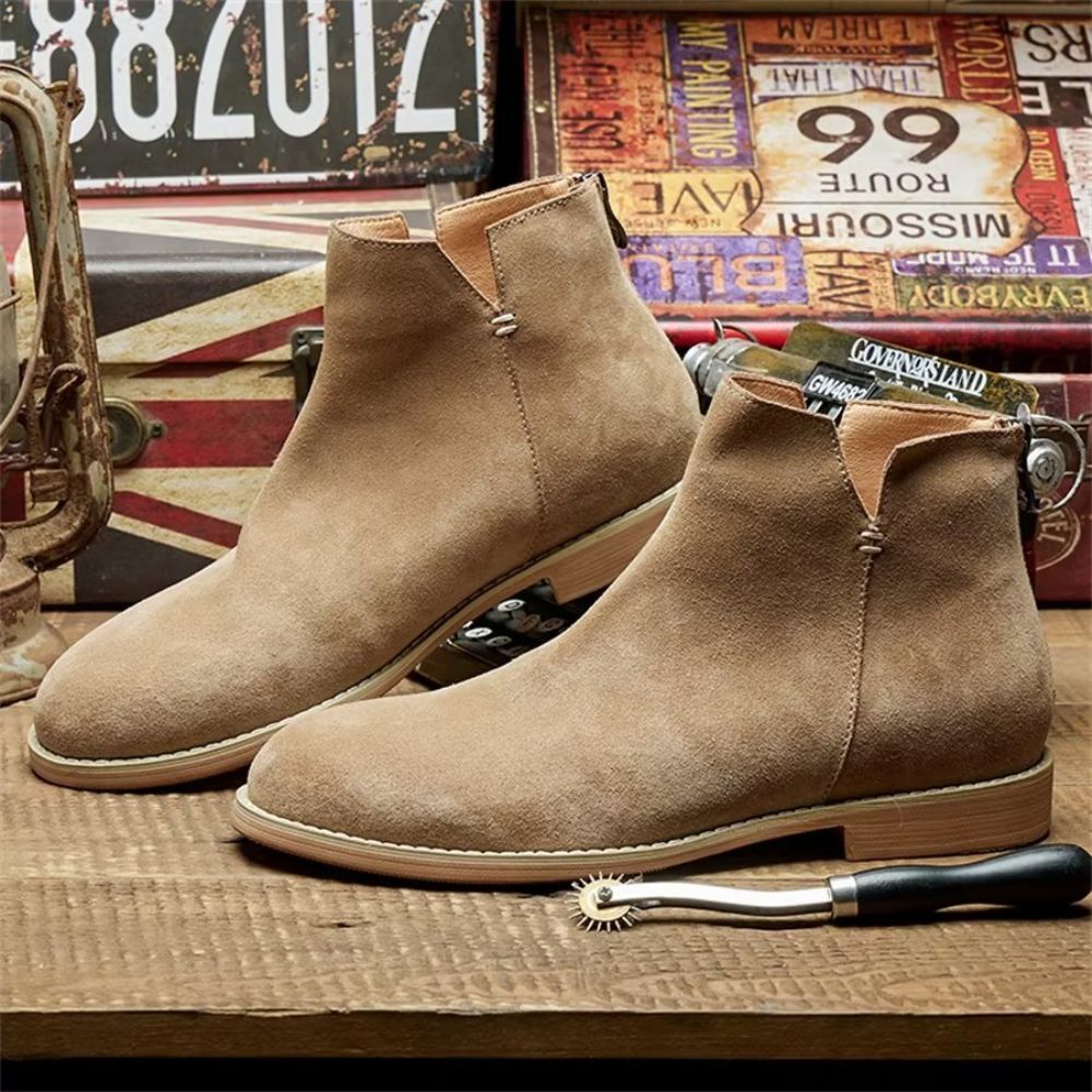 Bottines À Enfiler Élégantes Cuir Vache Pour Hommes - Kaki