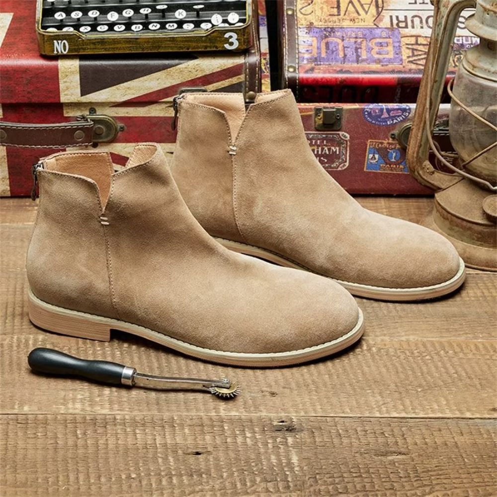 Bottines À Enfiler Élégantes Cuir Vache Pour Hommes - Kaki