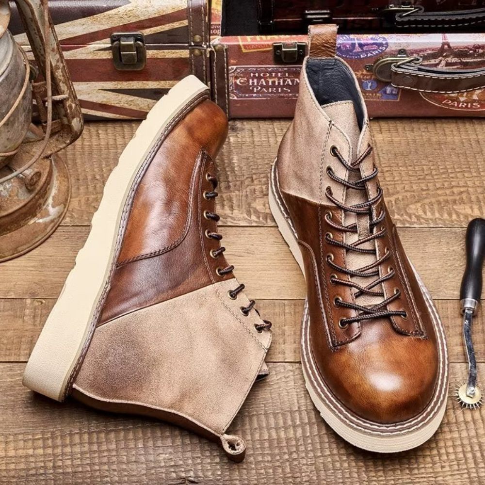 Bottines À Lacets Cuir Vache Pour Hommes - Café