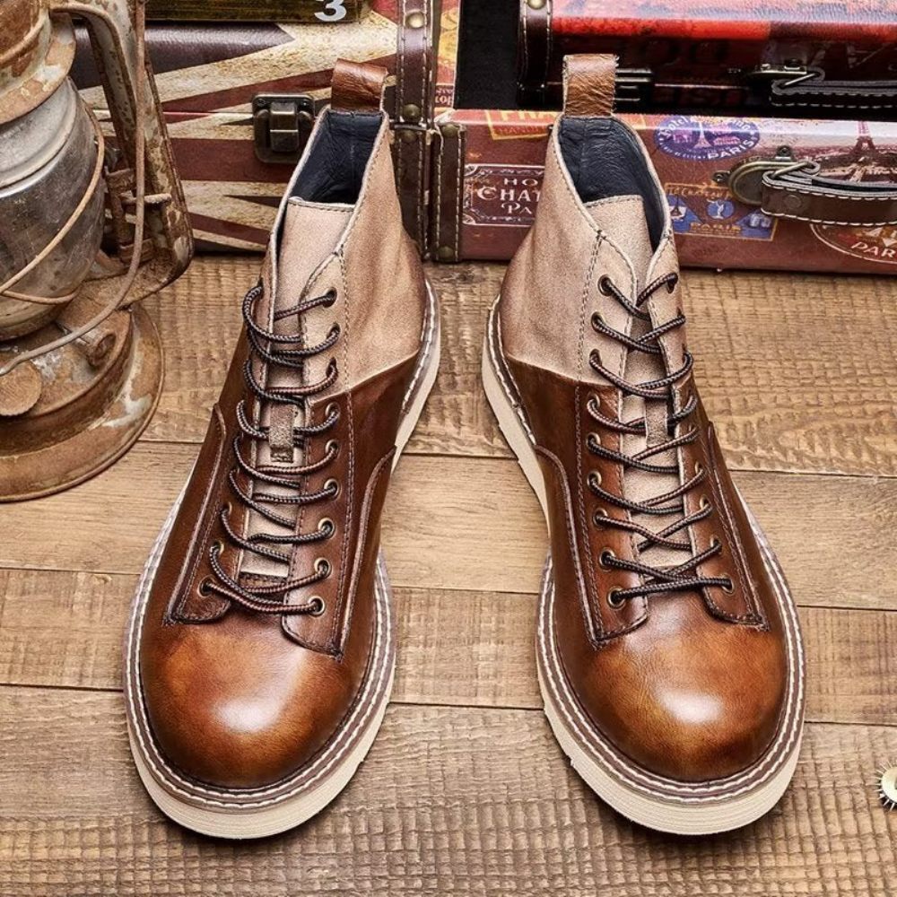 Bottines À Lacets Cuir Vache Pour Hommes - Café