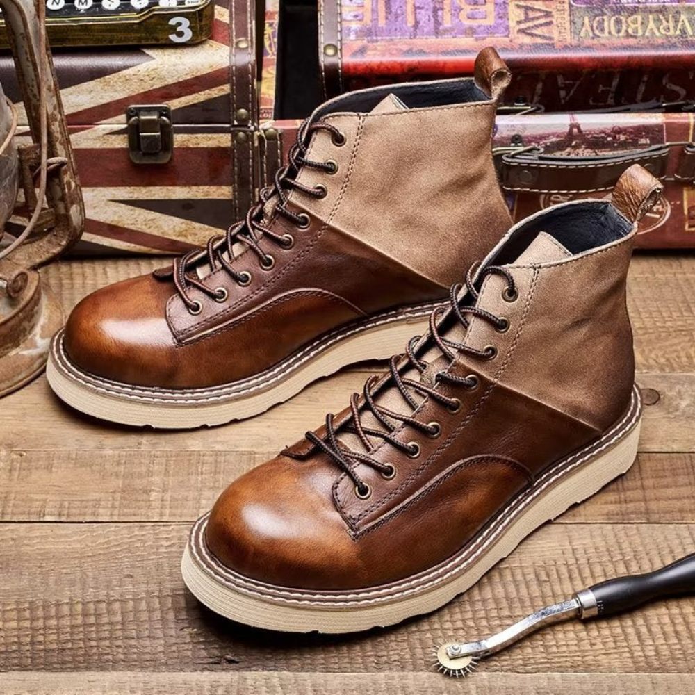 Bottines À Lacets Cuir Vache Pour Hommes - Café