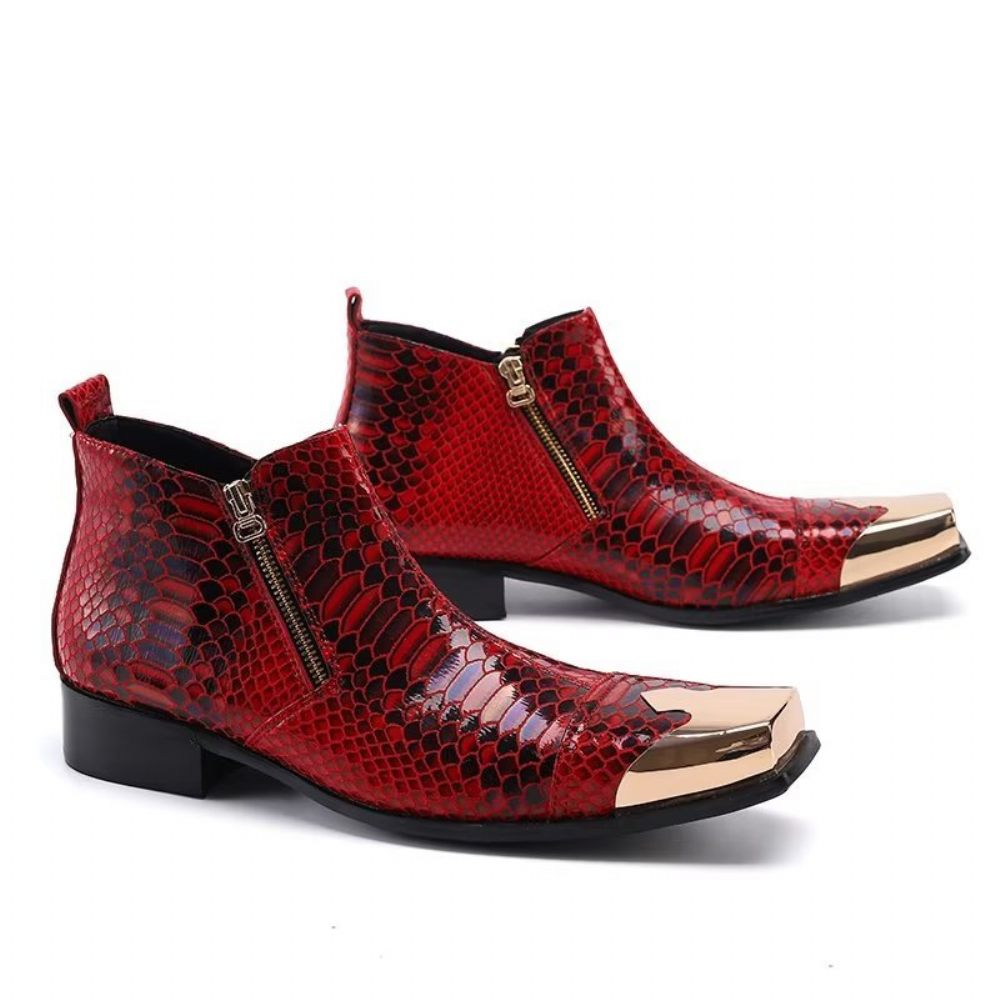 Bottines Luxe Cuir Texturé Croco Pour Hommes - Rouge