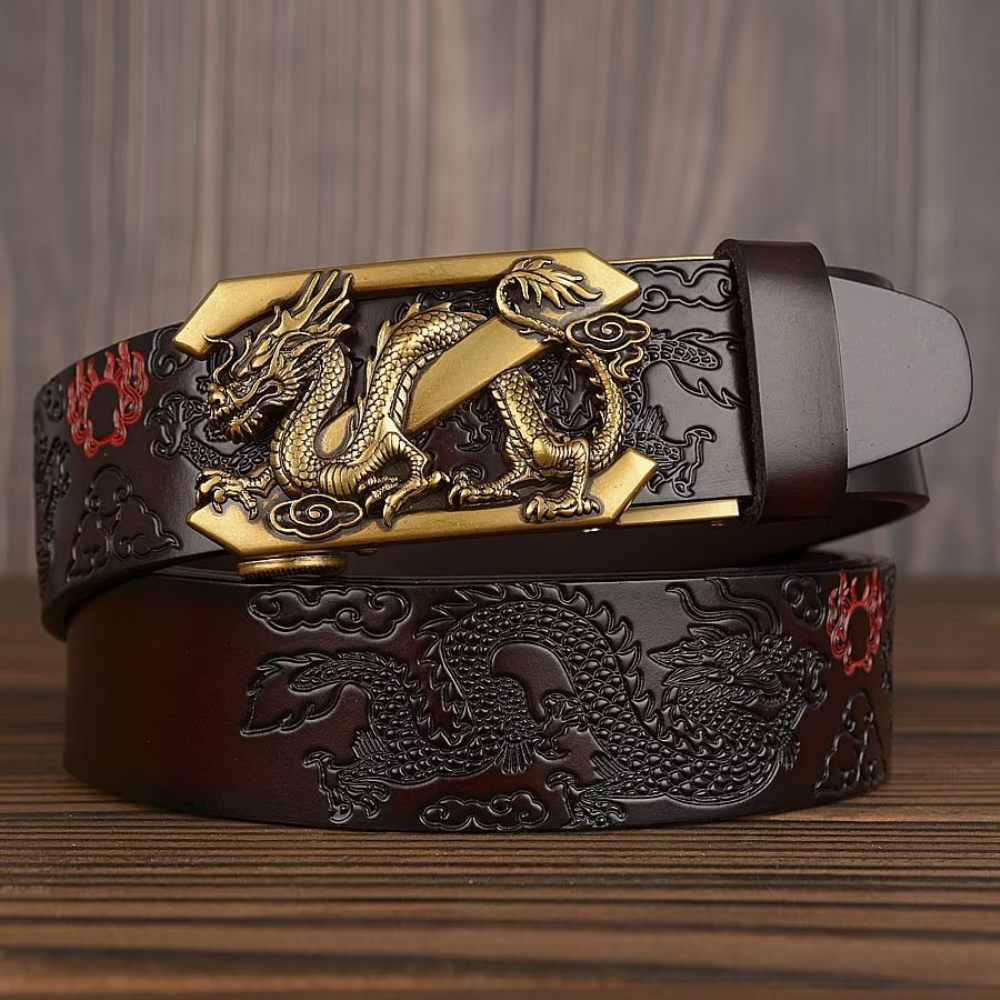 Ceintures Pour Hommes Ceinture Automatique Dragon Chinois Exquis - Café