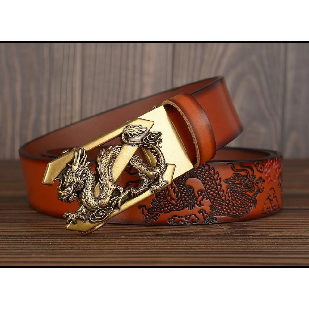 Ceintures Pour Hommes Ceinture Automatique Dragon Chinois Exquis - Marron