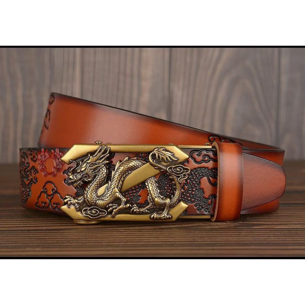 Ceintures Pour Hommes Ceinture Automatique Dragon Chinois Exquis - Marron