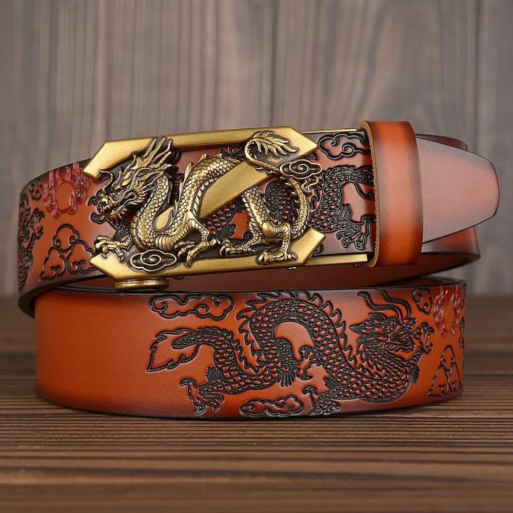 Ceintures Pour Hommes Ceinture Automatique Dragon Chinois Exquis - Marron