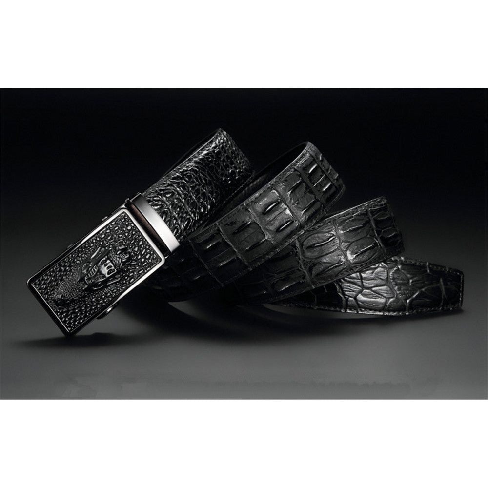 Ceintures Pour Hommes Ceinture Automatique Peau Vache À Imprimé Tête Crocodile Exotique - Noir