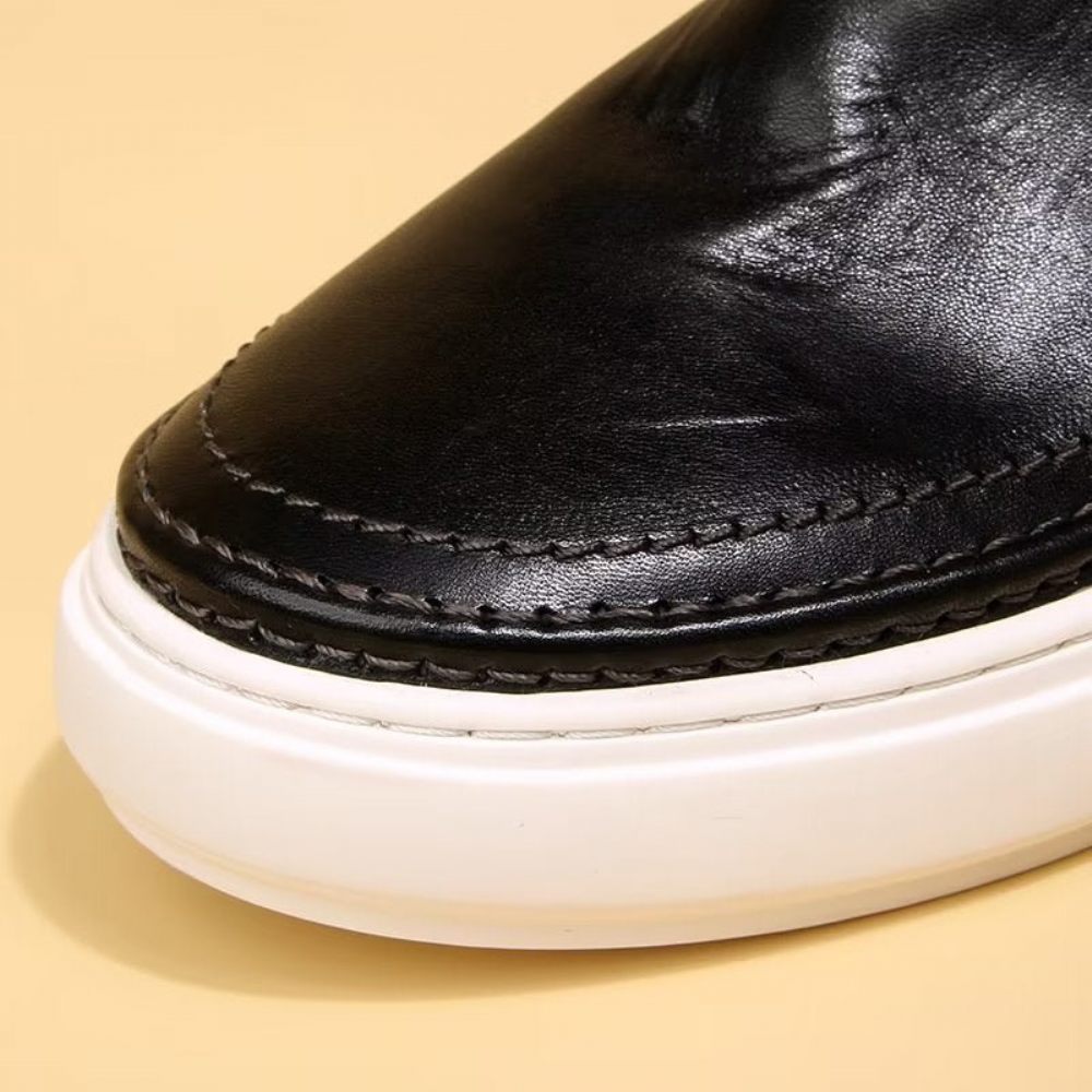 Chaussures Décontractées Pour Hommes Baskets Élégantes Cuir Haut Gamme À Enfiler - Noir