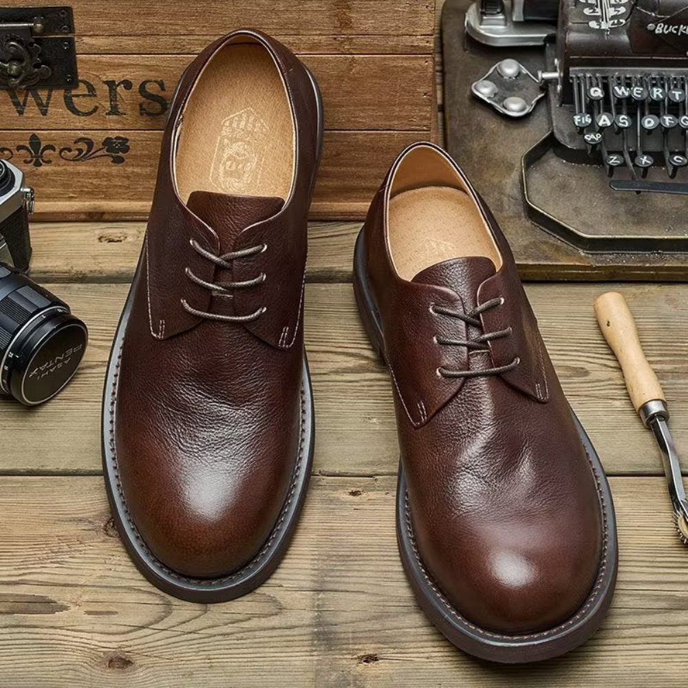 Chaussures Décontractées Pour Hommes Chics À Bout Rond Lacets - Café