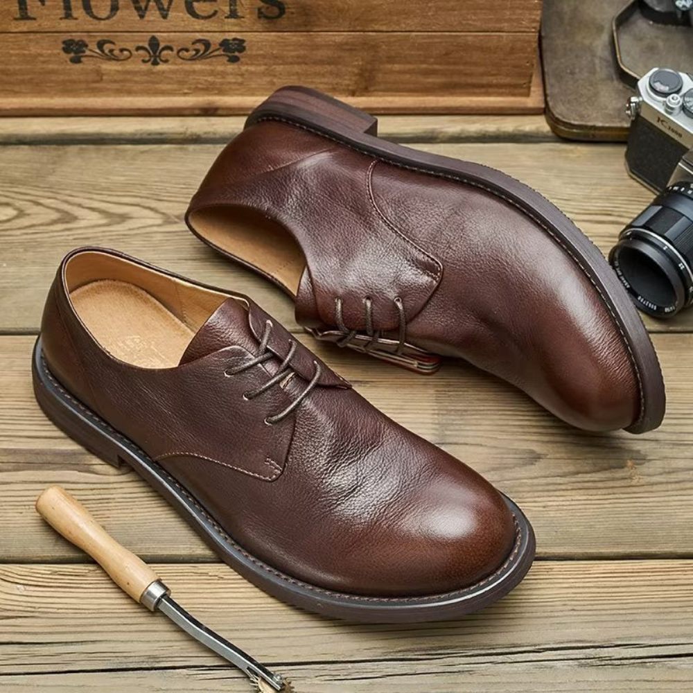 Chaussures Décontractées Pour Hommes Chics À Bout Rond Lacets - Café