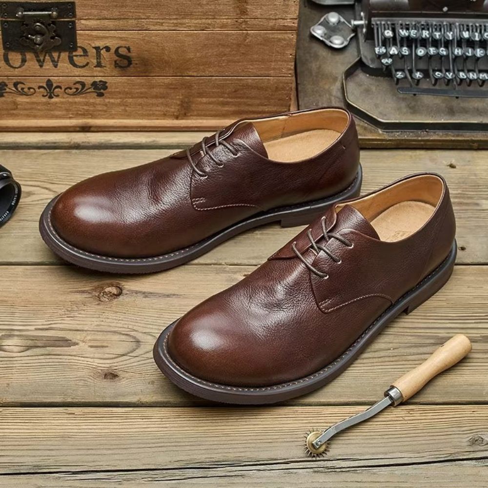 Chaussures Décontractées Pour Hommes Chics À Bout Rond Lacets - Café