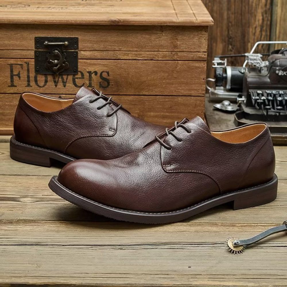 Chaussures Décontractées Pour Hommes Chics À Bout Rond Lacets - Café