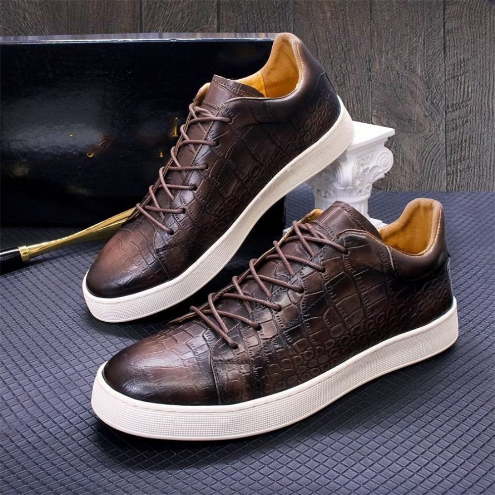 Chaussures Décontractées Pour Hommes Cuir Crocodile Chic Texture Croc - Café