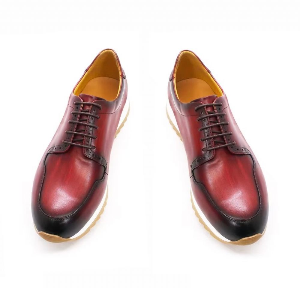 Chaussures Décontractées Pour Hommes Cuir Peintes À La Main Artisanales Luxe - Rouge