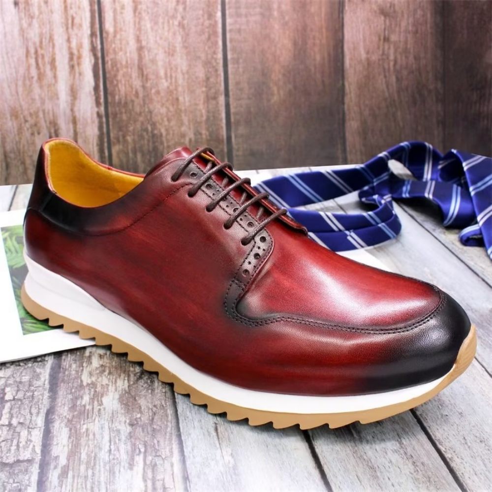 Chaussures Décontractées Pour Hommes Cuir Peintes À La Main Artisanales Luxe - Rouge