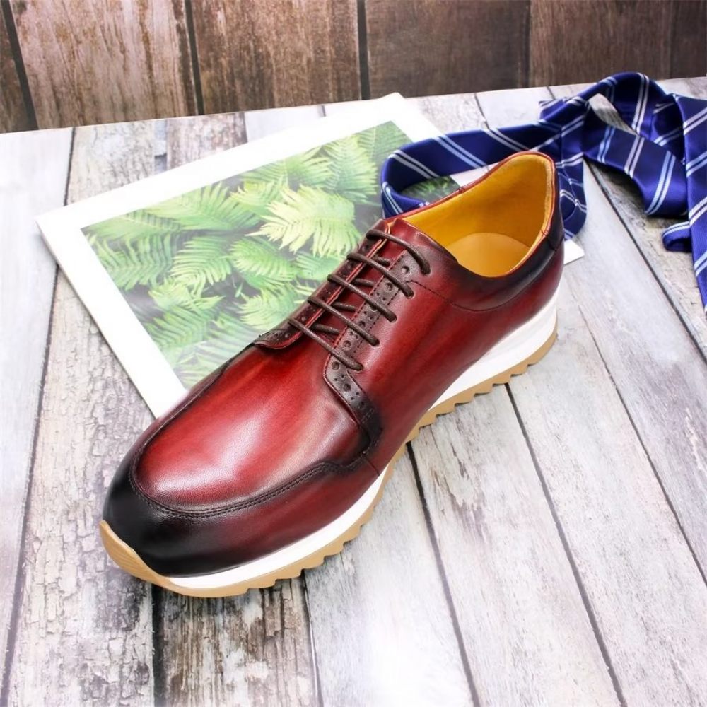 Chaussures Décontractées Pour Hommes Cuir Peintes À La Main Artisanales Luxe - Rouge