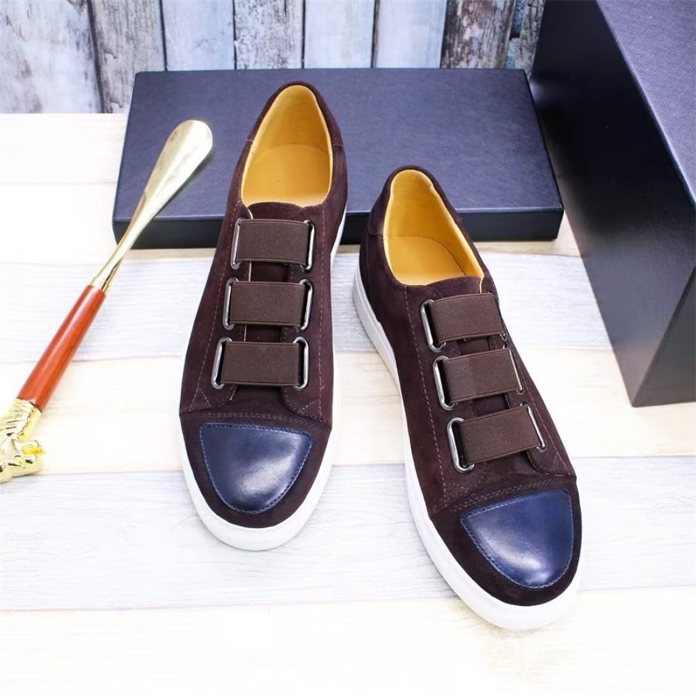 Chaussures Décontractées Pour Hommes À Enfiler Peintes La Main Cuir Vache Luxe - Café