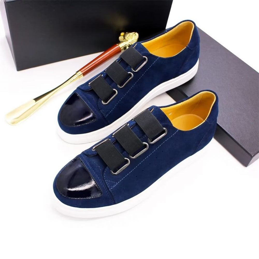 Chaussures Décontractées Pour Hommes À Enfiler Peintes La Main Cuir Vache Luxe - Bleu