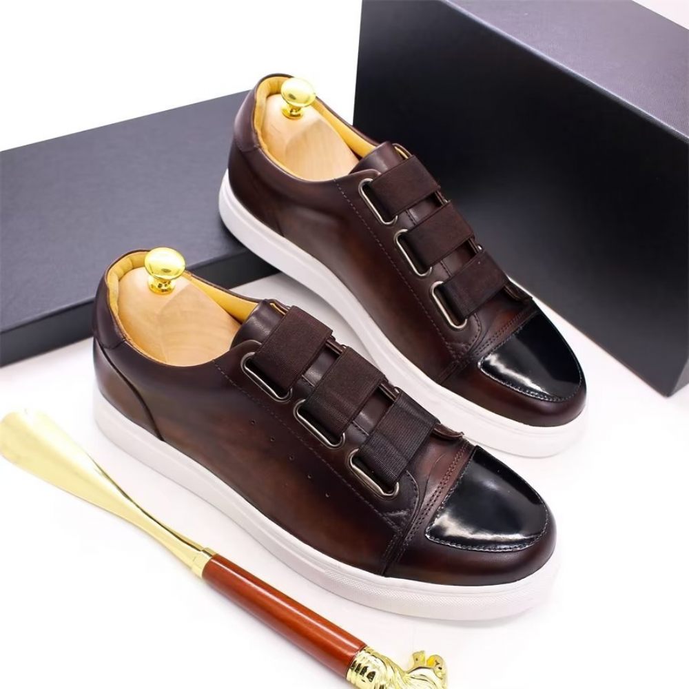 Chaussures Décontractées Pour Hommes À Enfiler Peintes La Main Cuir Vache Luxe - Café