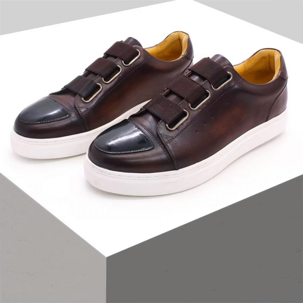 Chaussures Décontractées Pour Hommes À Enfiler Peintes La Main Cuir Vache Luxe - Café