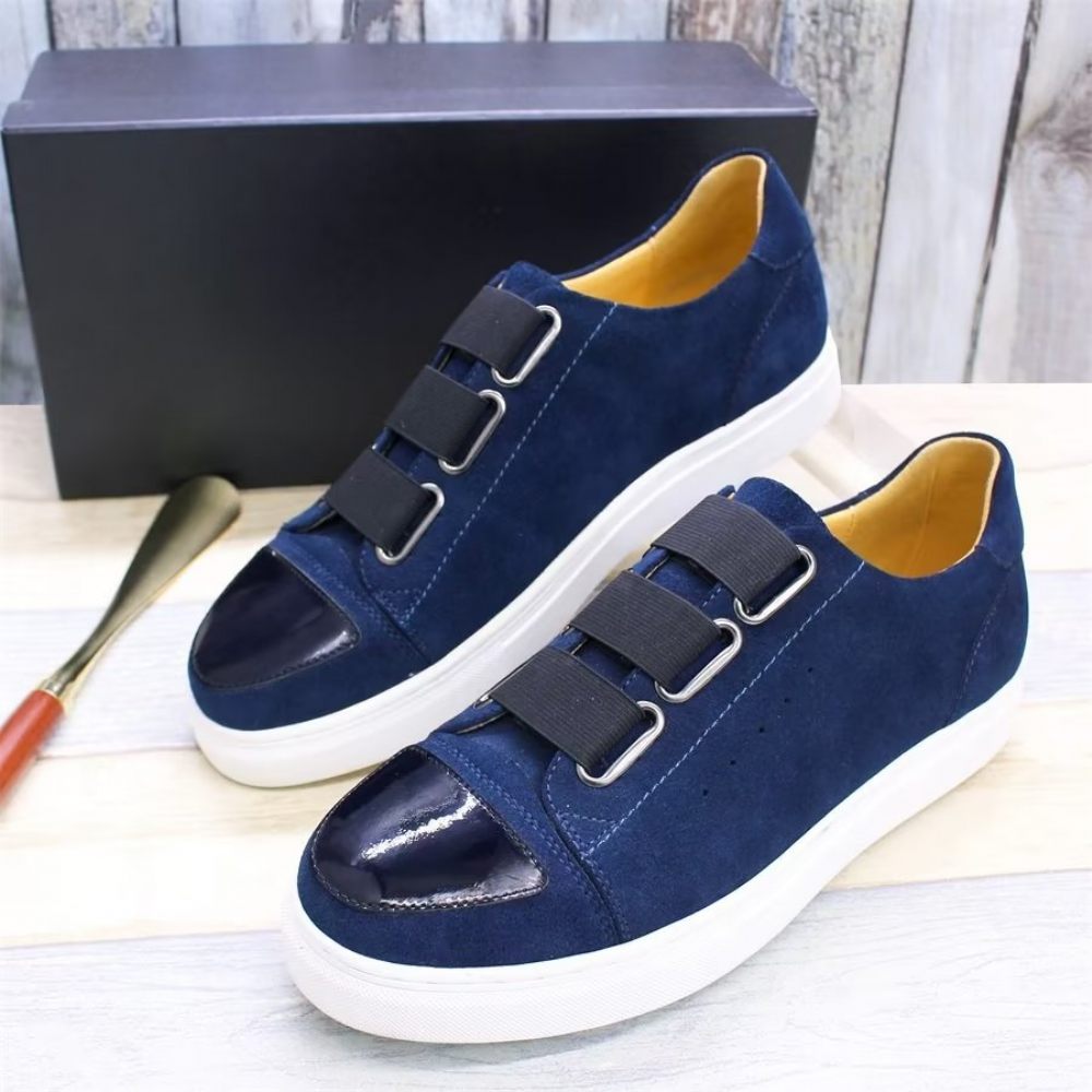 Chaussures Décontractées Pour Hommes À Enfiler Peintes La Main Cuir Vache Luxe - Bleu