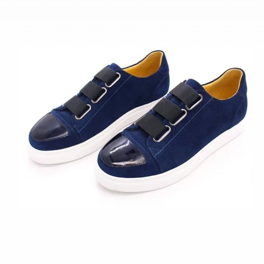 Chaussures Décontractées Pour Hommes À Enfiler Peintes La Main Cuir Vache Luxe - Bleu