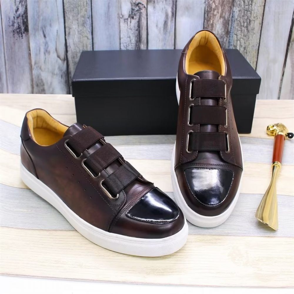 Chaussures Décontractées Pour Hommes À Enfiler Peintes La Main Cuir Vache Luxe - Café