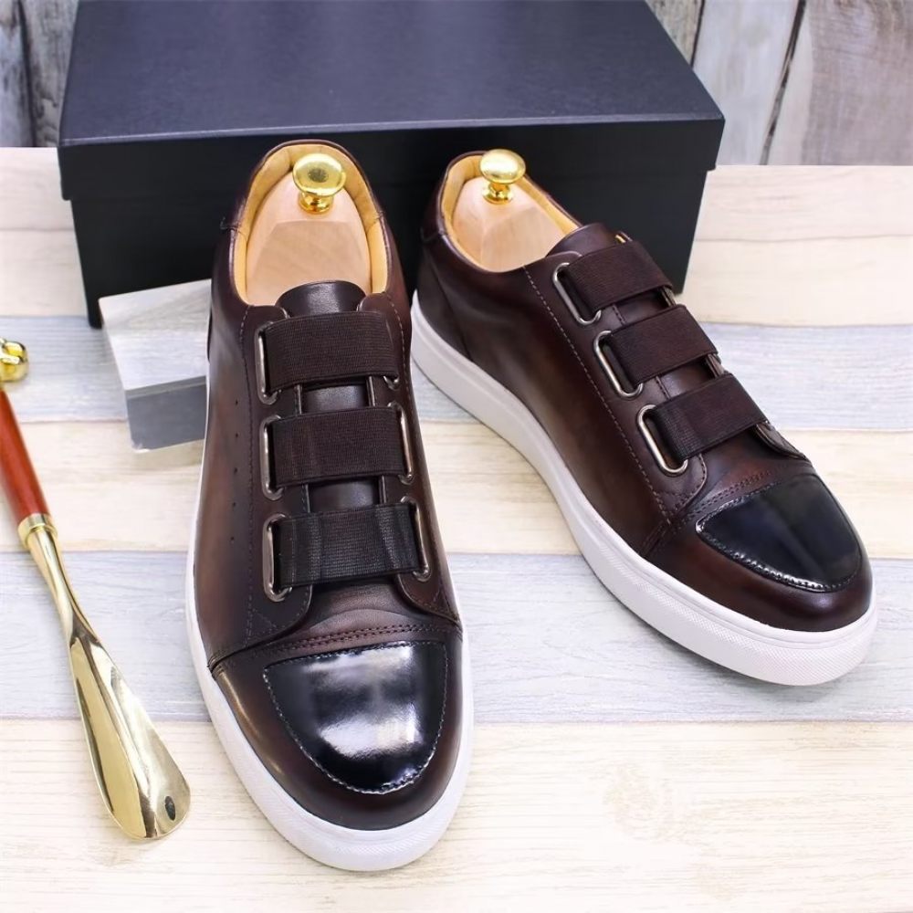 Chaussures Décontractées Pour Hommes À Enfiler Peintes La Main Cuir Vache Luxe - Café