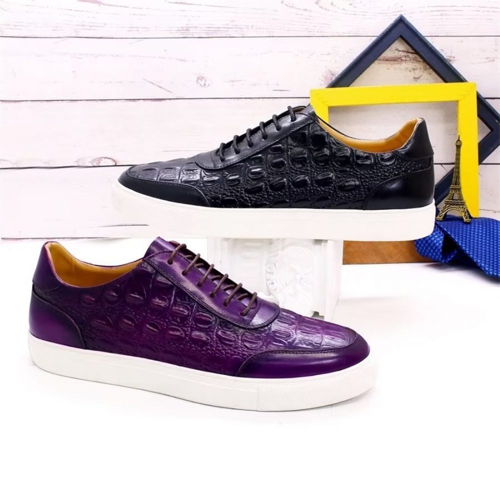 Chaussures Décontractées Pour Hommes À Lacets Chics Cuir Crocodile - Violet