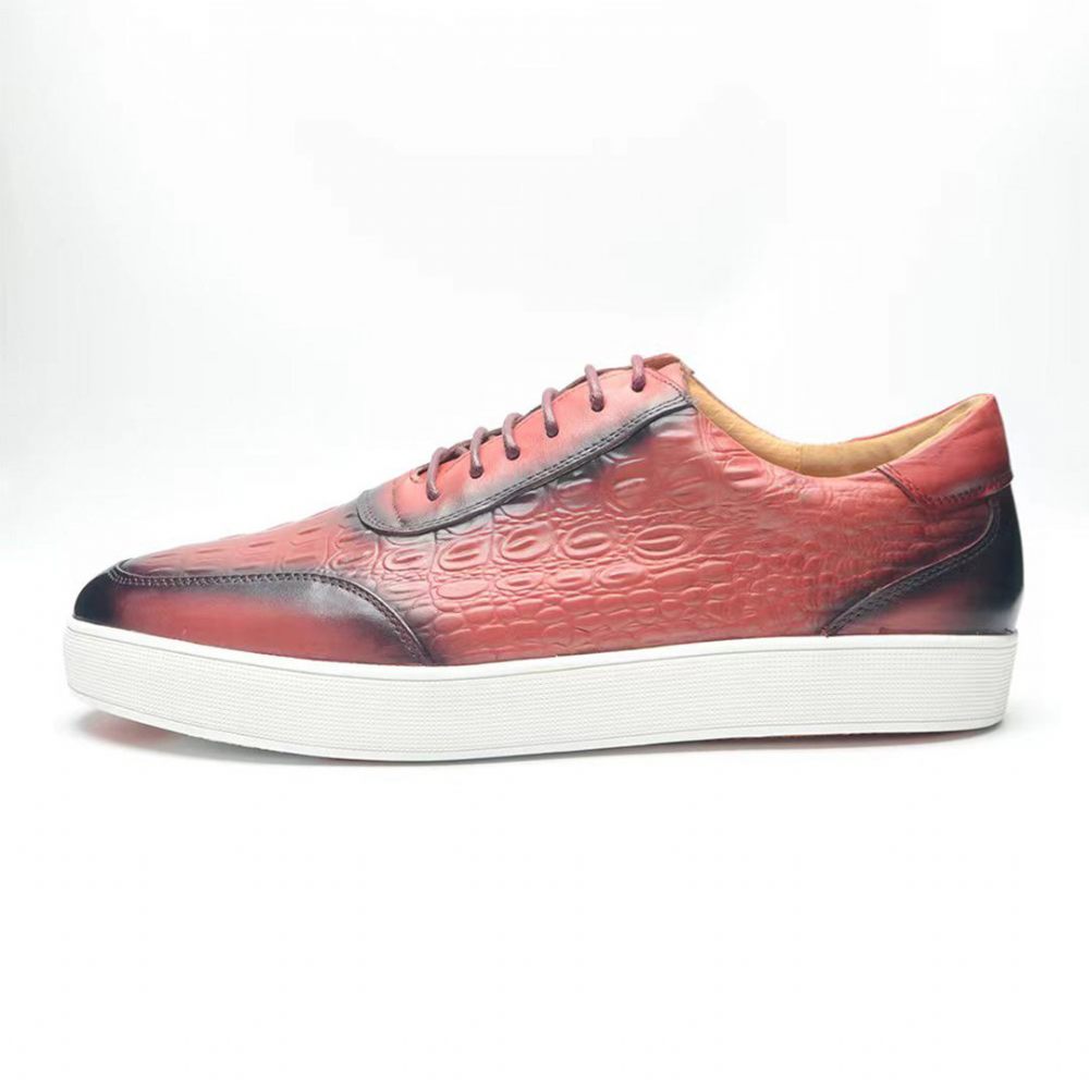 Chaussures Décontractées Pour Hommes À Lacets Chics Cuir Crocodile - Rouge Pastèque