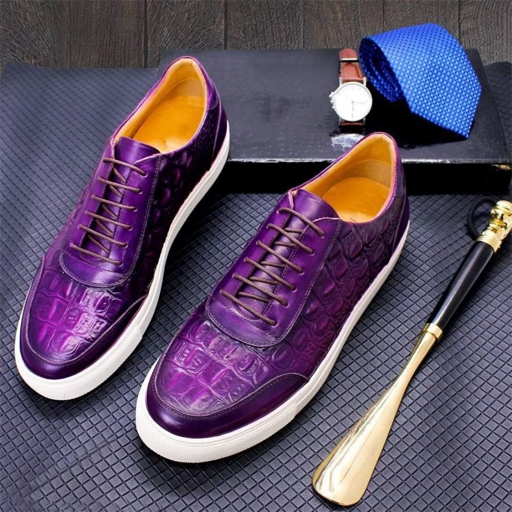 Chaussures Décontractées Pour Hommes À Lacets Chics Cuir Crocodile - Violet