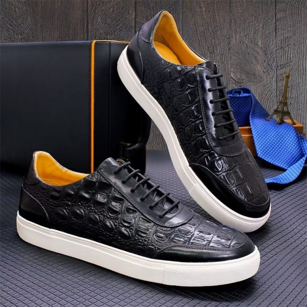 Chaussures Décontractées Pour Hommes À Lacets Chics Cuir Crocodile - Noir