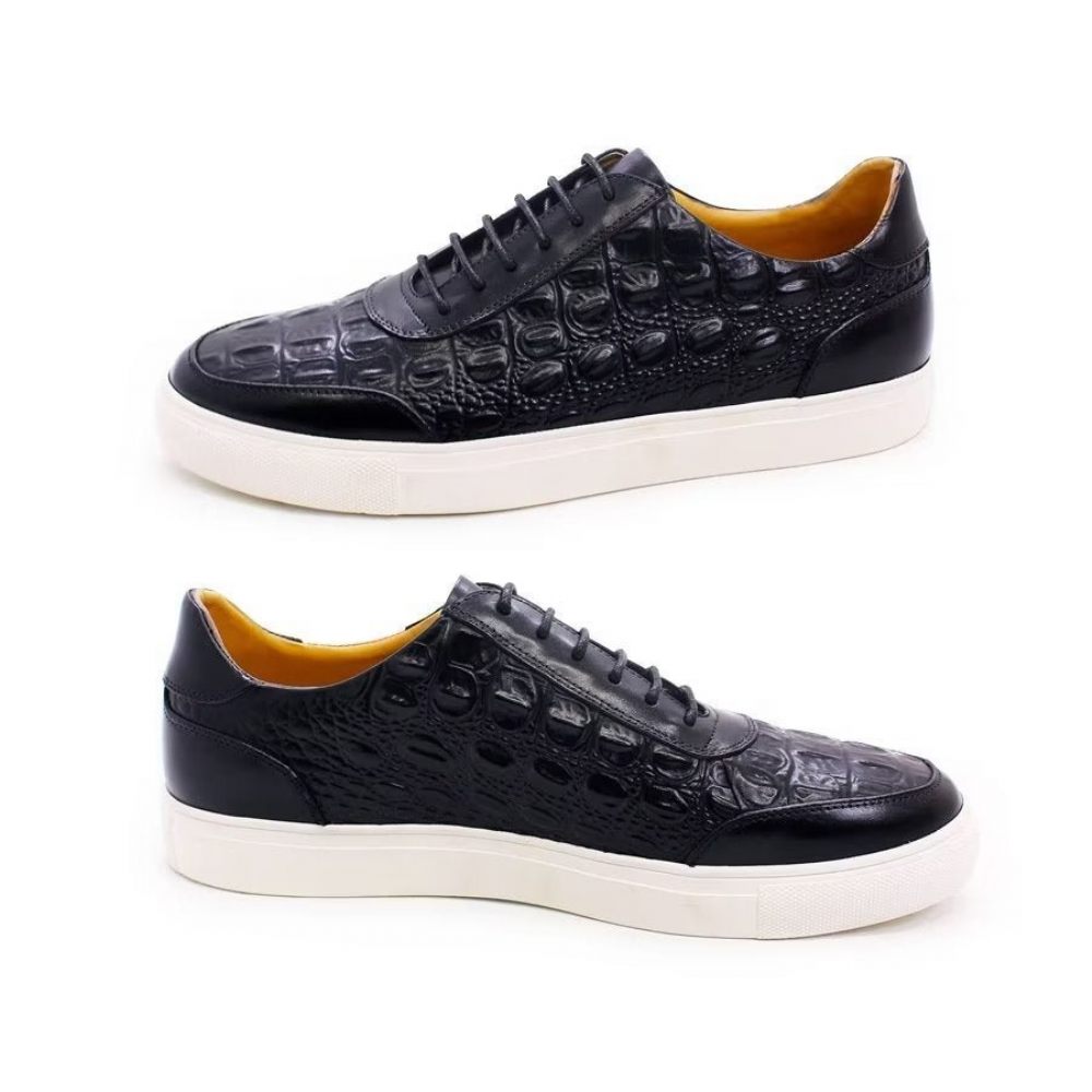 Chaussures Décontractées Pour Hommes À Lacets Chics Cuir Crocodile - Noir