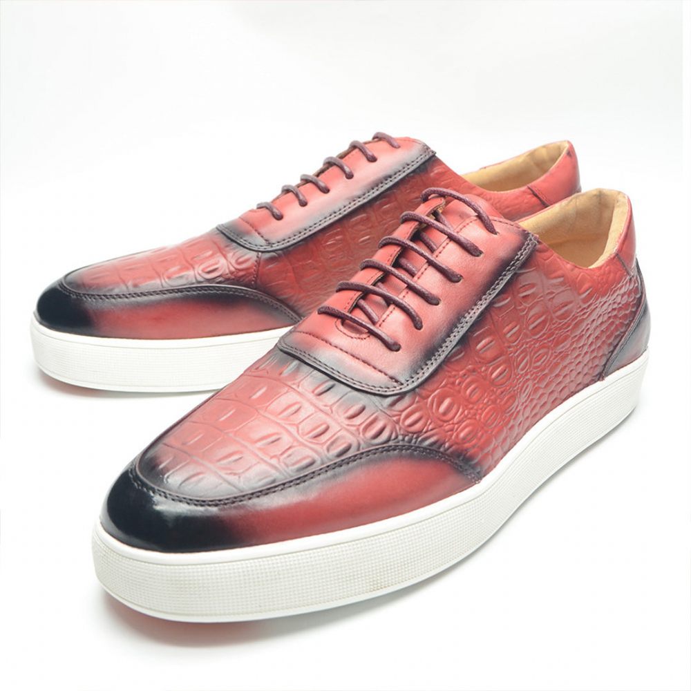 Chaussures Décontractées Pour Hommes À Lacets Chics Cuir Crocodile - Rouge Pastèque