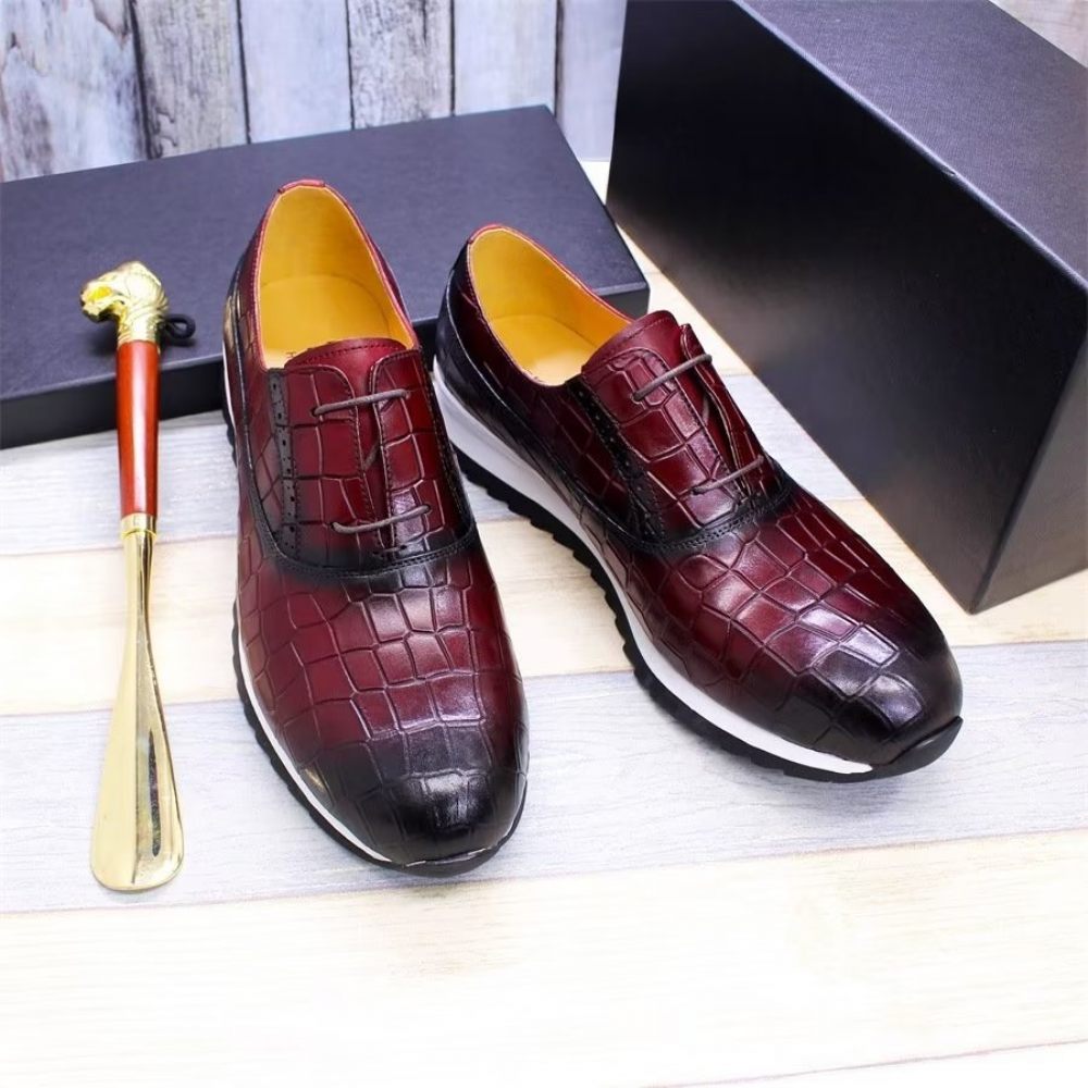 Chaussures Décontractées Pour Hommes À Lacets Cuir Gaufré - Rouge