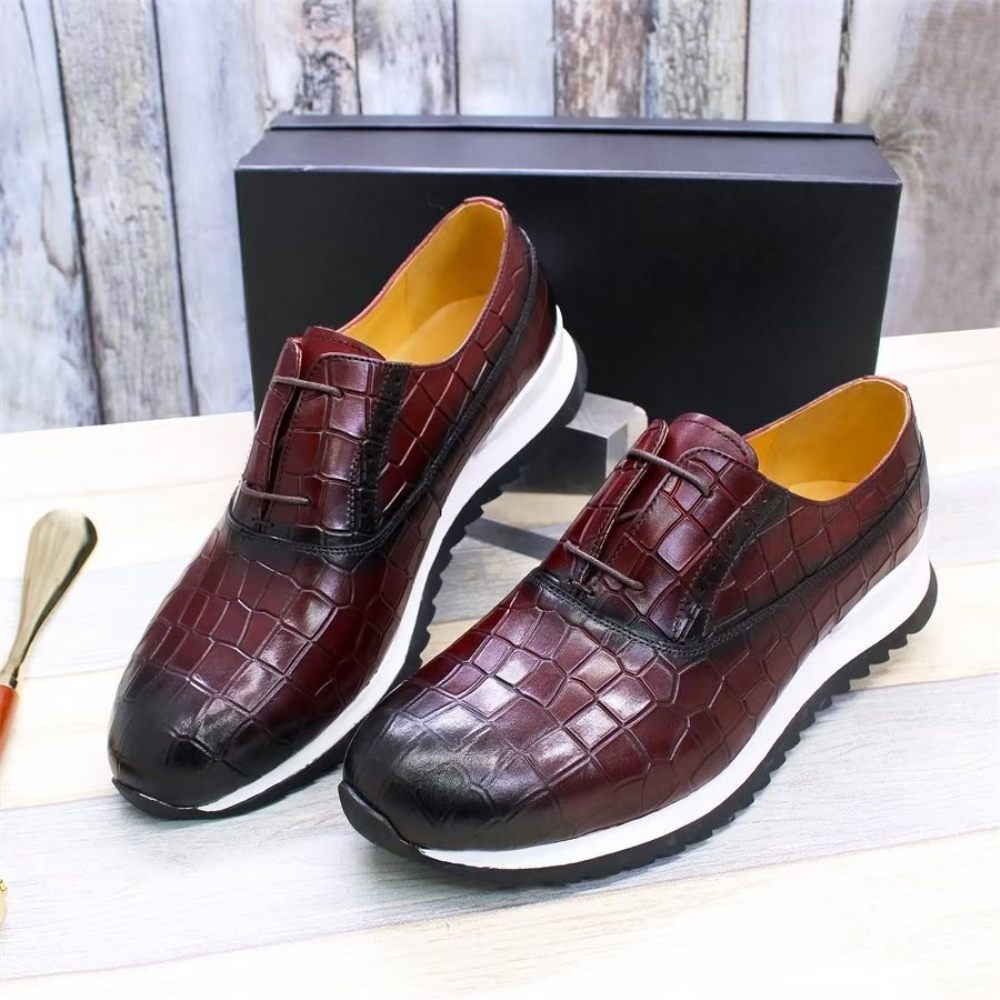 Chaussures Décontractées Pour Hommes À Lacets Cuir Gaufré - Rouge